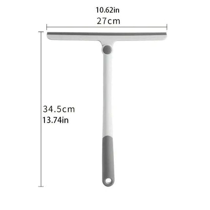 Long-handle shower squeegee with rubber blade for cleaning glass surfaces, blue color, 45 cm length