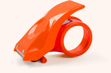Heavy-duty tape dispenser with 10° sloped chromium blade in orange and yellow plastic for efficient packing and sealing