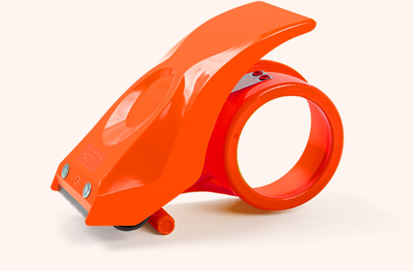 Heavy-duty tape dispenser with 10° sloped chromium blade in orange and yellow plastic for efficient packing and sealing