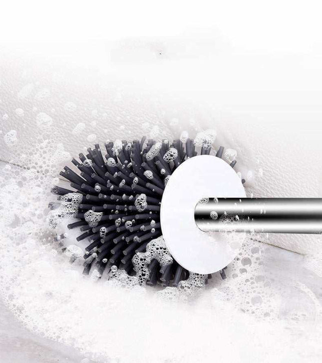 Toilet cleaning brush set with long handle and durable white bristles for deep toilet bowl cleaning