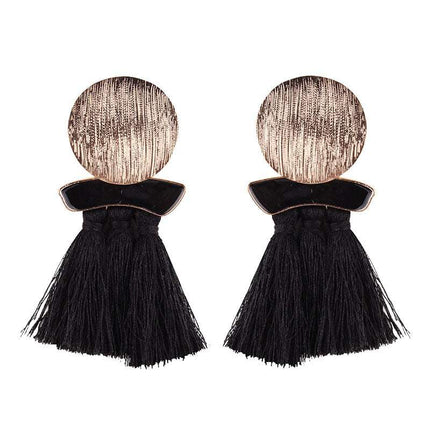 Colorful Bohemian-style tassel earrings in red, green, pink, black, white, and brown made of lightweight zinc alloy and metal
