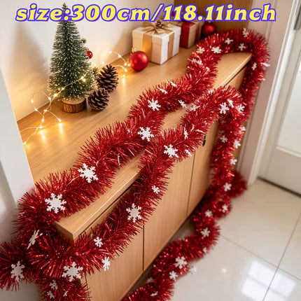 Red snowflake fringe trim for Christmas, 6 meters long, metallic foil decoration, two-piece festive holiday craft accessory