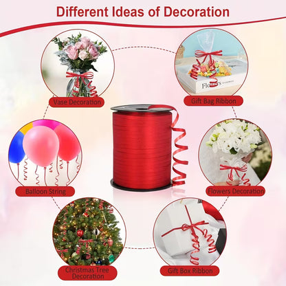 Red curling ribbon, 1/5 inch plastic ribbon for gift wrapping and crafts, ideal for Christmas decorations and celebrations.