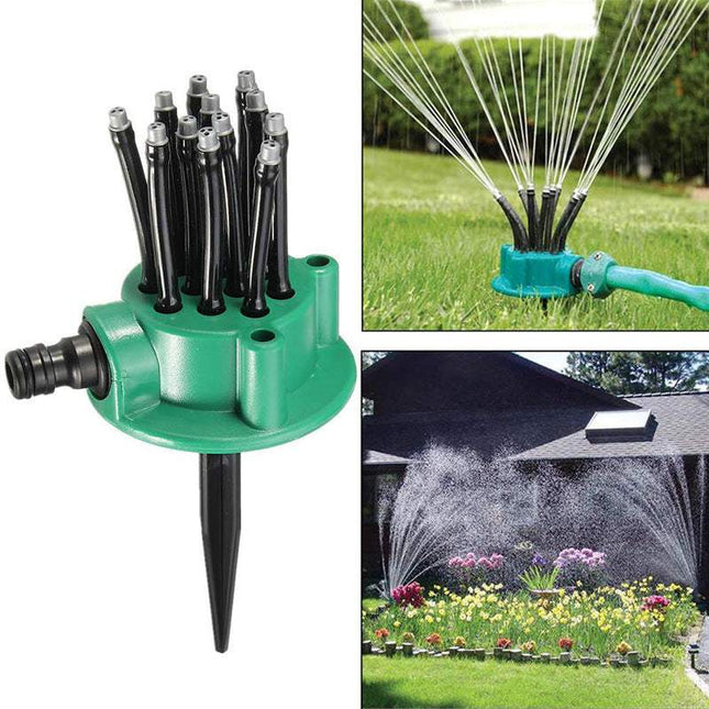 360-degree automatic multi-head garden sprinkler with green rotating spray heads and hose connection for even garden watering