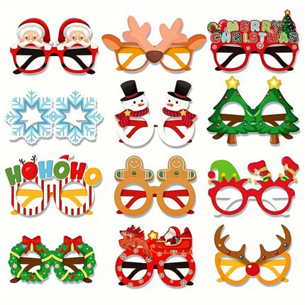 Set of 12 Christmas party glasses props featuring Santa, snowflake, and reindeer designs for holiday celebrations.