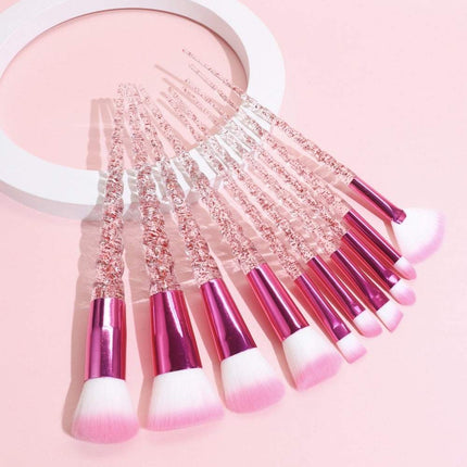Crystal Spiral Makeup Brush Set 10-piece with soft white bristles and spiral handles for beginners