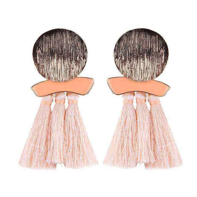 Bohemian-style tassel earrings in vibrant colors including red, green, pink, black, white, and brown, made from lightweight zinc alloy and metal.