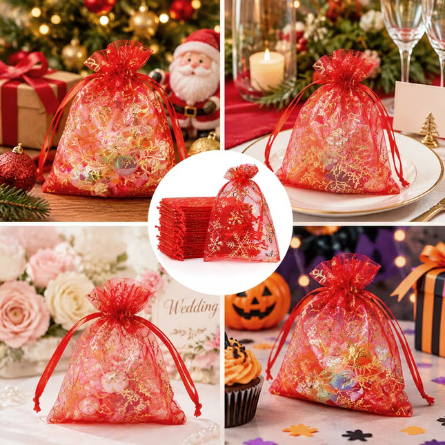10pcs Christmas Red Organza Gift Bags with Golden Snowflake Drawstring