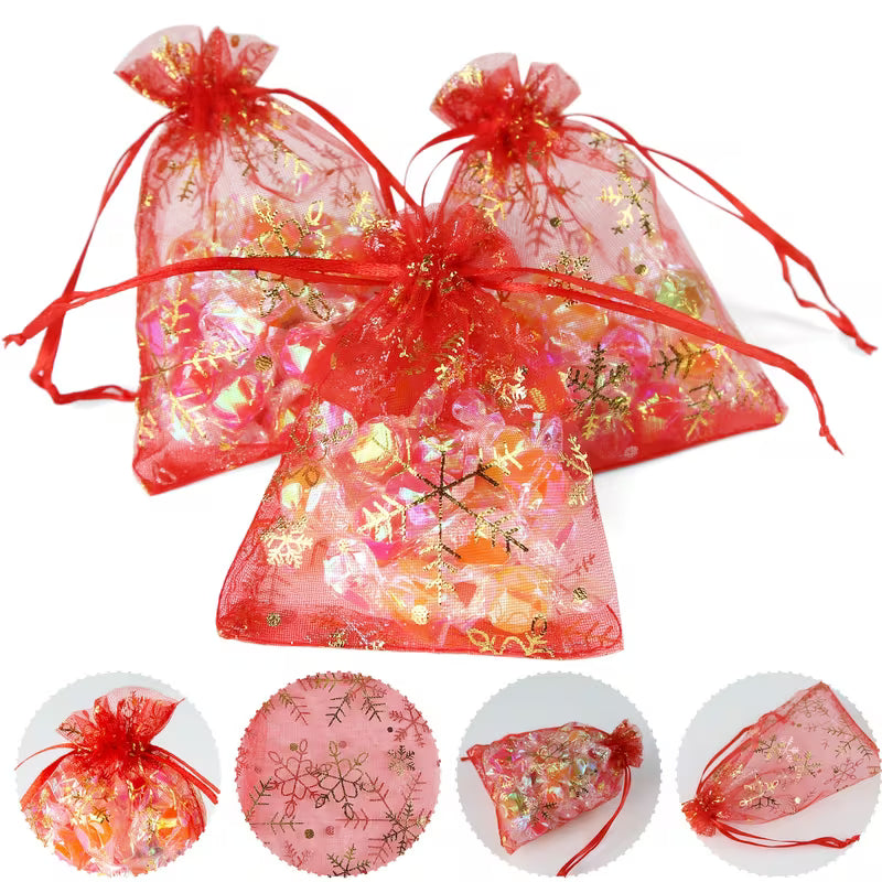 10pcs Christmas Red Organza Gift Bags with Golden Snowflake Drawstring