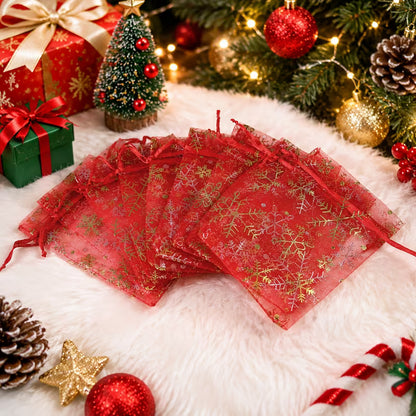 10pcs Christmas Red Organza Gift Bags with Golden Snowflake Drawstring