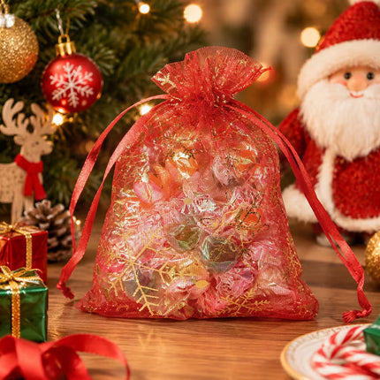 10pcs Christmas Red Organza Gift Bags with Golden Snowflake Drawstring