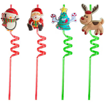 2pcs Reusable Christmas Party Straws – Santa, Elf, Tree & Rudolph Designs