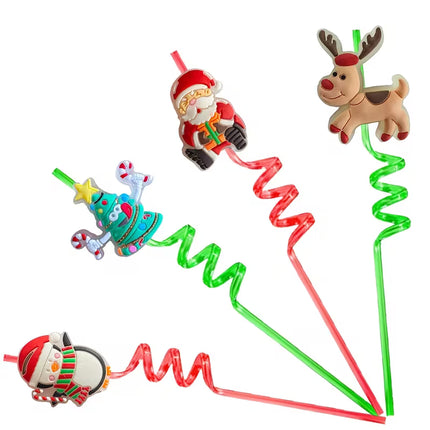 2pcs Reusable Christmas Party Straws – Santa, Elf, Tree & Rudolph Designs