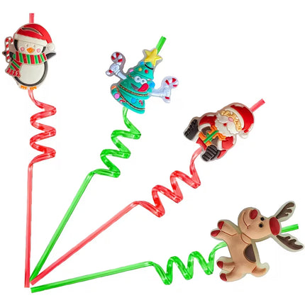 2pcs Reusable Christmas Party Straws – Santa, Elf, Tree & Rudolph Designs