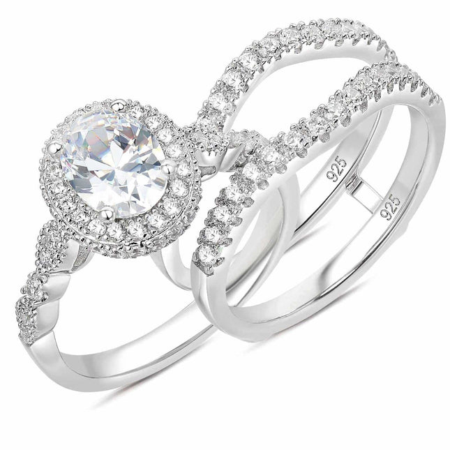 Newshe Jewellery oval sterling silver wedding ring set with cubic zirconia stones size 8 in luxury gift box