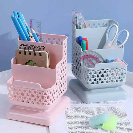 Three-layer plastic desk storage box in white, pink, and green for organizing pens and cosmetics
