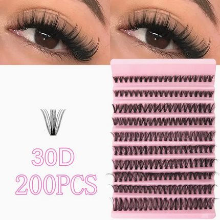 Close-up of individual eyelash clusters with D curl, 8-16mm length, wide stem, natural look, reusable DIY lash extension kit.