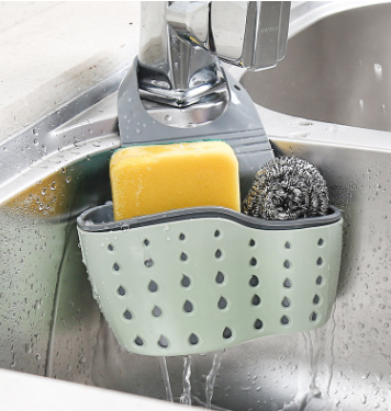 Adjustable rubber sink drainer basket for kitchen sponge and dishcloth storage with quick drainage and hook installation
