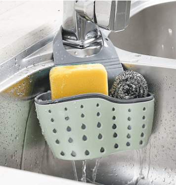 Adjustable rubber sink drainer basket for kitchen sponge and dishcloth storage with quick drainage and hook installation