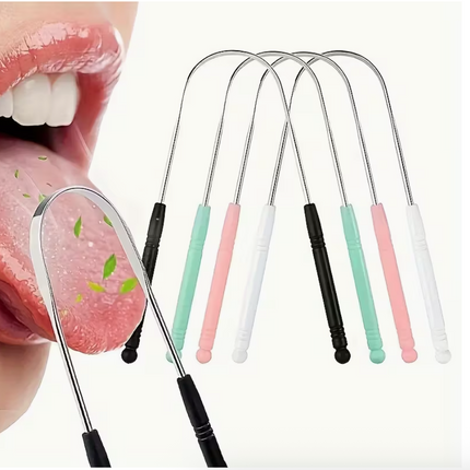 Reusable stainless steel tongue scraper with comfort grip, gentle for sensitive gums, individually wrapped for hygiene, heavy-duty oral care tool.