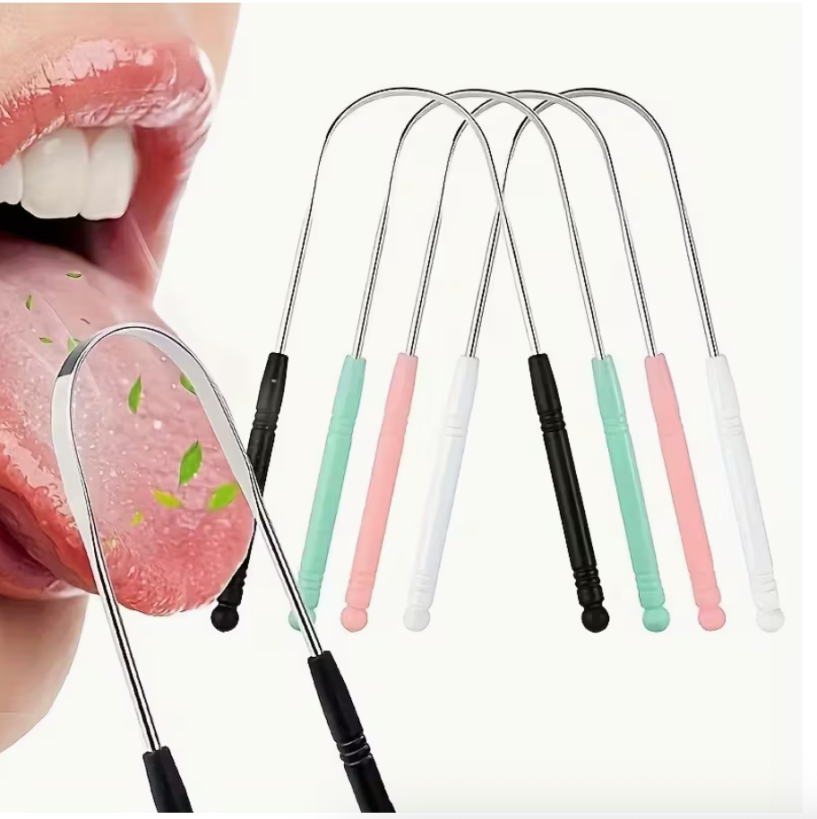 Reusable stainless steel tongue scraper with comfort grip, gentle for sensitive gums, individually wrapped for hygiene, heavy-duty oral care tool.