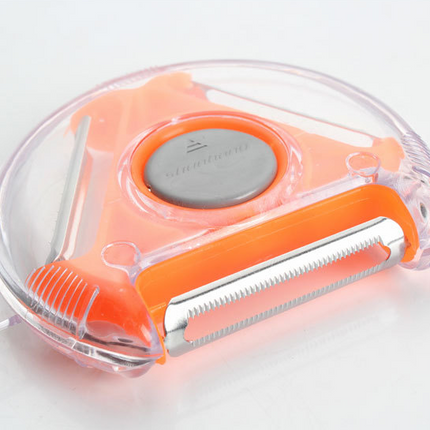 3-in-1 rotating fruit peeler multi-function kitchen tool in red, blue, and green colors