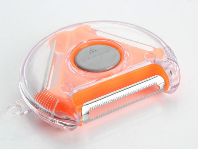3-in-1 rotating fruit peeler multi-function kitchen tool in red, blue, and green colors