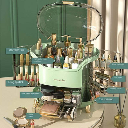Transparent dustproof cosmetic storage box with multiple compartments for makeup organization on vanity