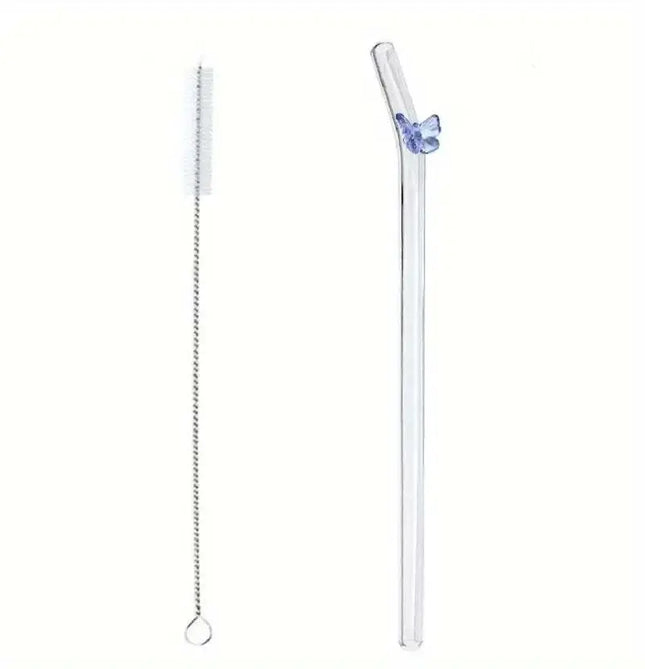 Colorful Butterfly Reusable Glass Straw set with vibrant glass straws and cleaning brushes
