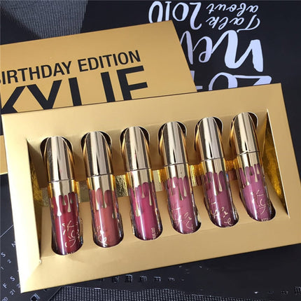Gold 6 Lip Colors Kelly Kim Birthday Edition lip gloss set with six shimmering shades in gold, silver, and rose
