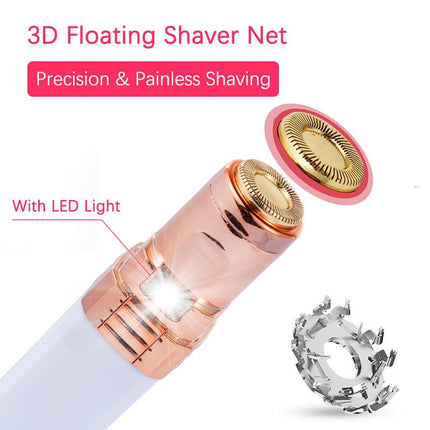 Compact dry battery lipstick-shaped shaving machine for women with a white finish and small circular shaving head for precise grooming.