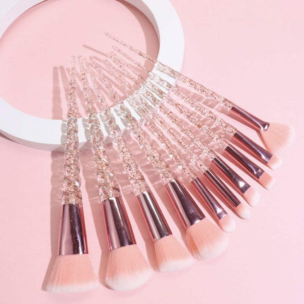 10-piece Crystal Spiral Makeup Brush Set with soft nylon bristles and spiral handles in white and rose red colors
