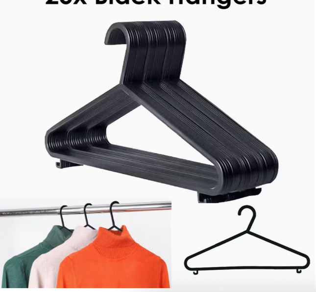 10 Pcs Adult Coat Hangers for Clothes – Black Plastic Hangers with Trouser Bar & Anti-Slip Lips (37cm Wide)