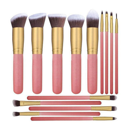 14-piece makeup brush set with synthetic fibers and wooden handles in black gold, pink gold, and bright gold