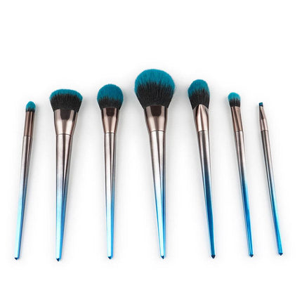 7-piece diamond makeup brush set with blue-black gradient handles and artificial fiber bristles