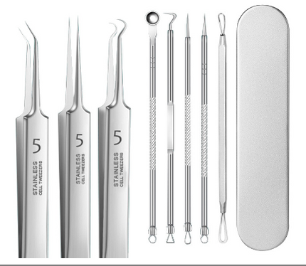 Stainless steel acne clip set with straight, oblique, and hook clips for precise pimple extraction