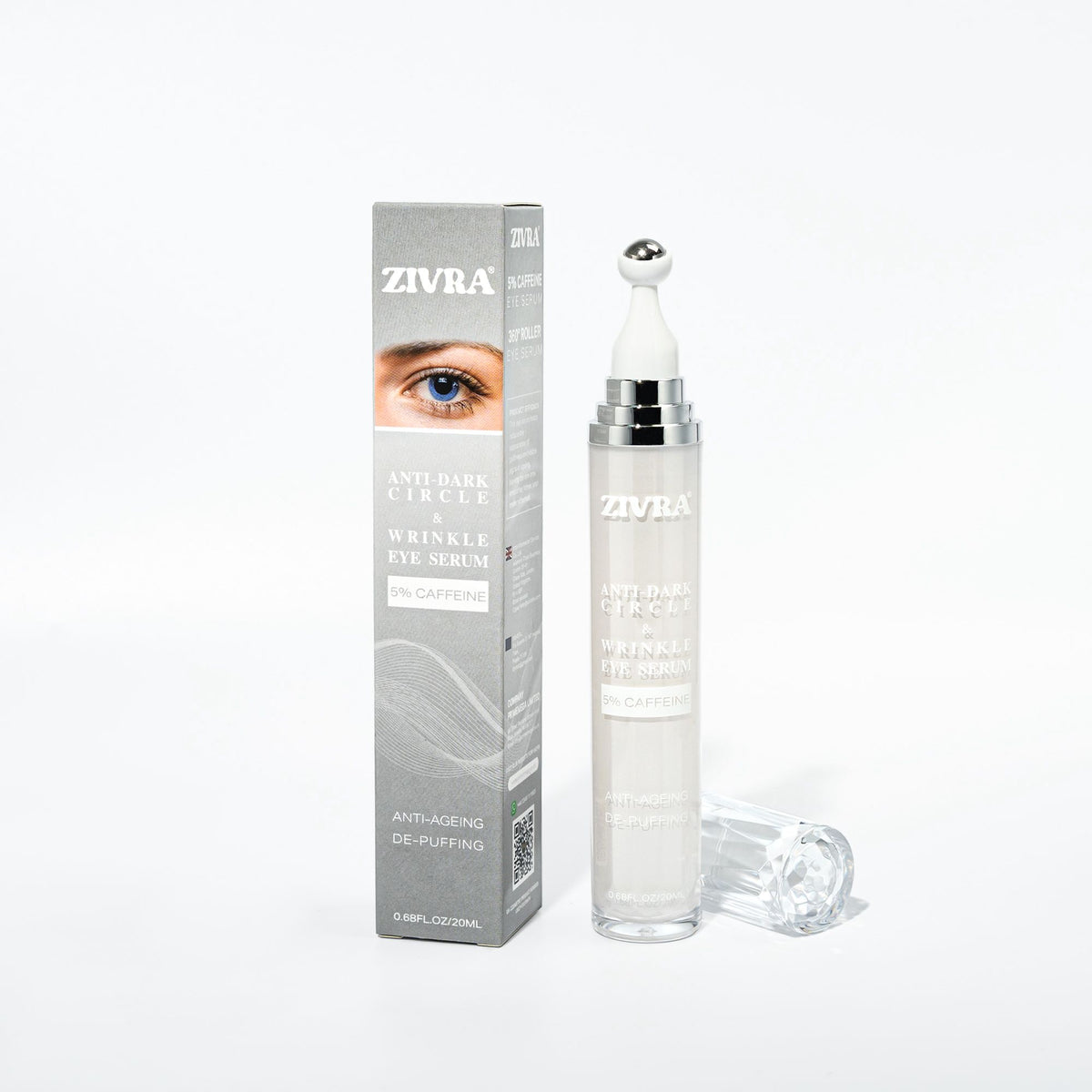 ZIVRA Anti Dark Circle Eye Serum – 5% Caffeine | Anti-Ageing &amp; De-Puffing | 20ml | 360° Roller Applicator