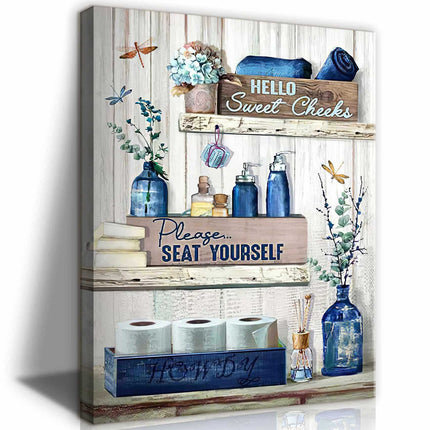 Navy blue rustic bathroom decor canvas wall art with vintage Please Seat Yourself sign 16x24in