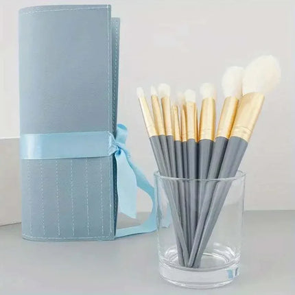 10-piece soft fluffy makeup brushes set with bionic corn fiber bristles in blue pouch