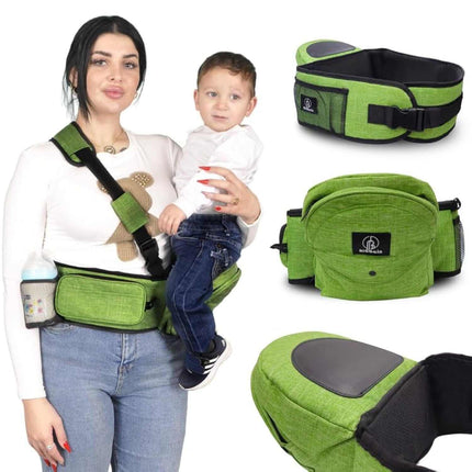 Green baby hip carrier with adjustable waistband and non-slip ergonomic seat for newborns to toddlers