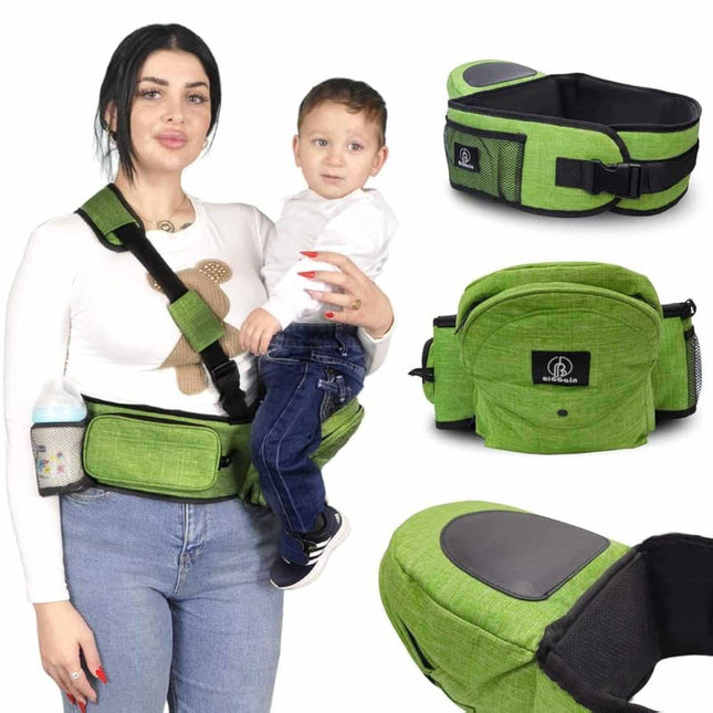Green ergonomic baby hip carrier with adjustable waistband and non-slip hip seat for newborns to toddlers