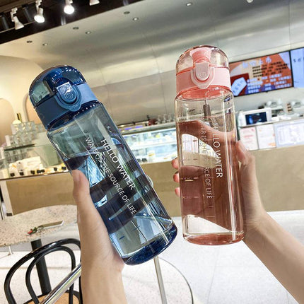 Leakproof portable water bottle with straw in white, pink, and blue colors, 780ml capacity, ideal for sports and outdoor use