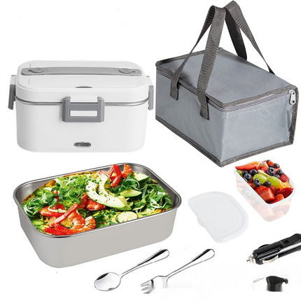 Portable electric lunch box with 75W power heating food evenly via 12V car outlet or home adapter without water injection