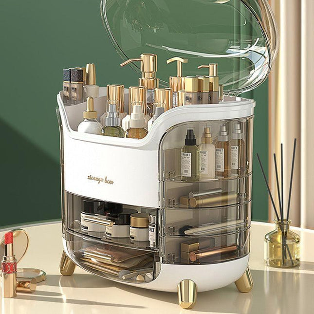 Transparent dustproof cosmetic storage box with multiple compartments for organizing makeup and skincare products at home