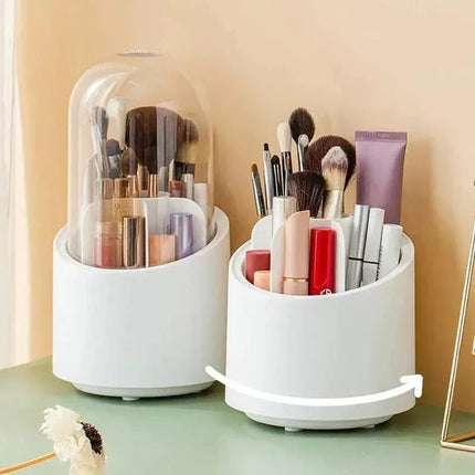 360° rotating makeup brush organizer in white with multiple compartments on vanity table