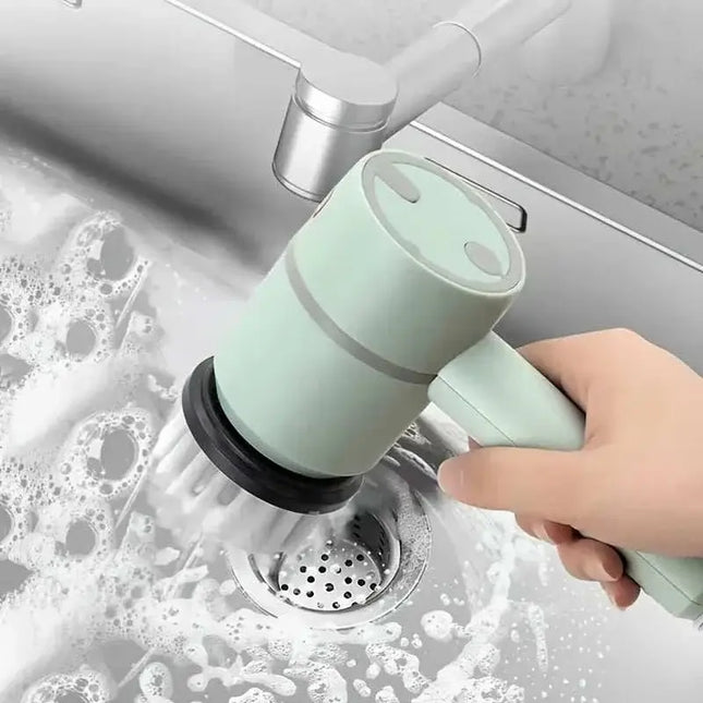 Cordless electric rotating scrubber in pink, green, and white for bathroom and kitchen cleaning