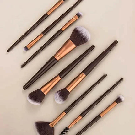 Premium 9-piece synthetic makeup brush set with fiber bristles and durable ABS handles in coffee and apricot colors