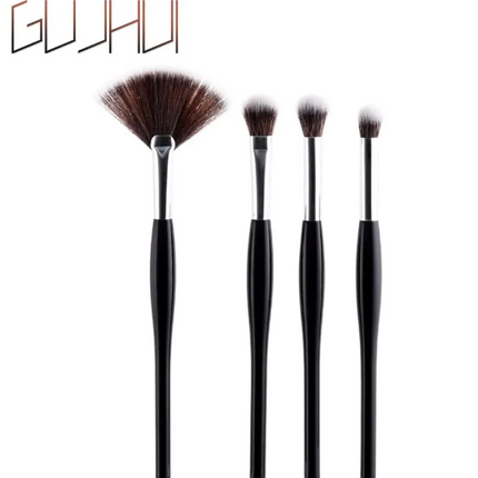 8-piece makeup brush set with black handles and silver ferrules on white background