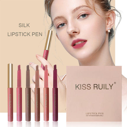 Silk Soft Lip Crayon Set with 6 vibrant colors in sleek pens and compact box