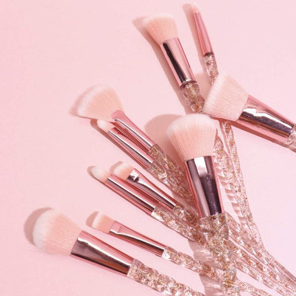 10-piece Crystal Spiral Makeup Brush Set with soft nylon bristles and spiral handles for beginners